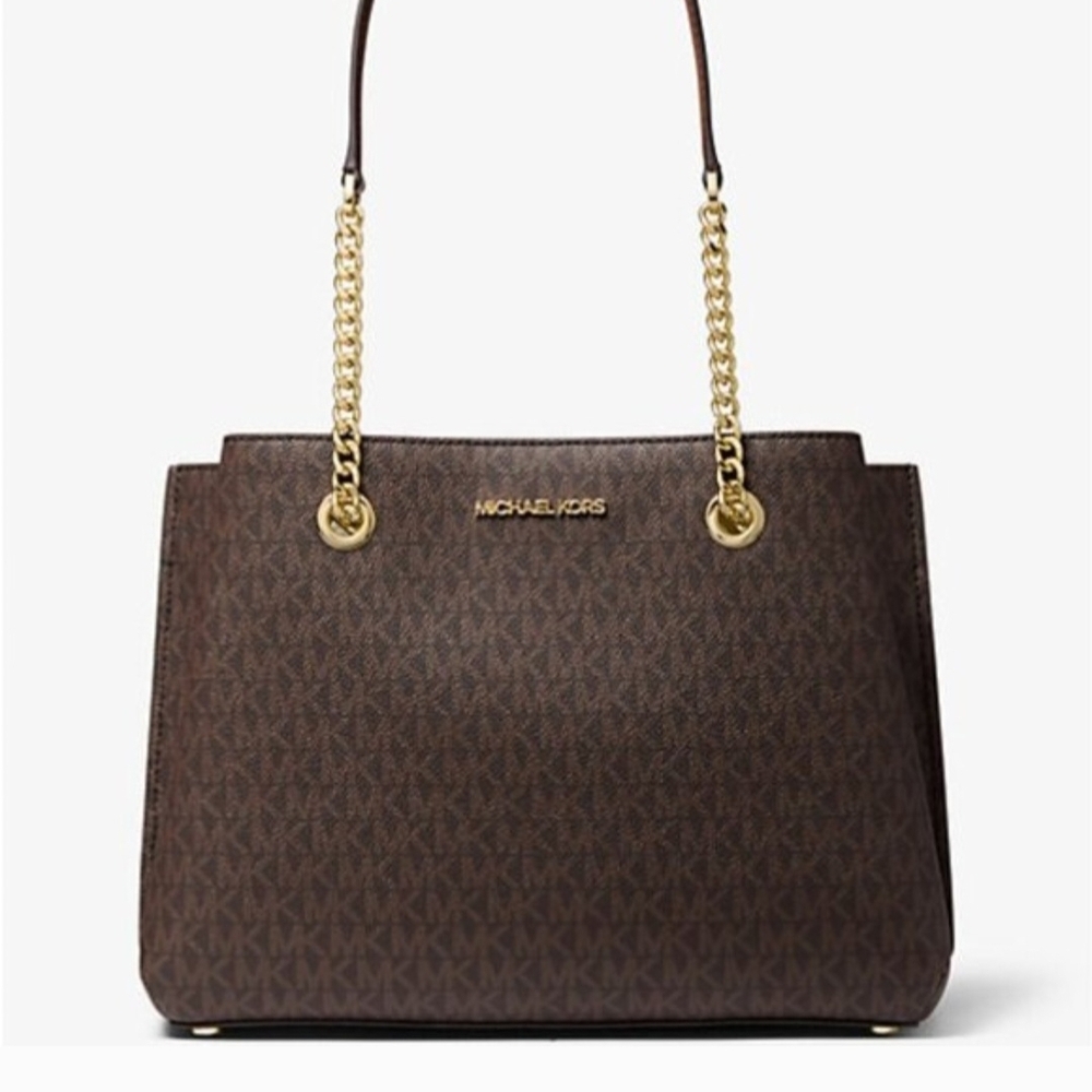 Michael Kors Brown Logo Chain-Handle Tote with Gold Hardware